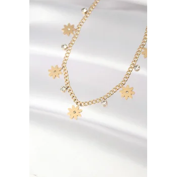 316L Çelik Taşlı Gold Renk Çoklu Çiçek Kolye