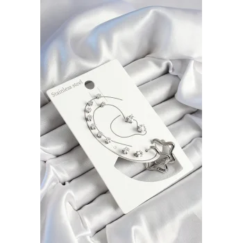 316L Çelik Yıldız Figürlü Ve Zirkon Taşlı Gümüş Renk 7li Çift Kadın Küpe Set