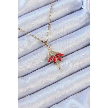 316L Çelik Zincir Altın Renk Kırmızı Etekli Zirkon Taşlı Balerin Kolye