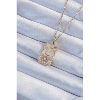 316L Çelik Zincir Altın Renk Lila Zirkon Taşlı Tarot Kolye