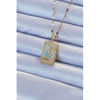 316L Çelik Zincir Altın Renk Mavi Mineli Tarot Kolye