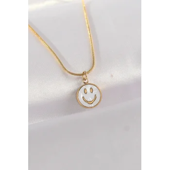 316L Çelik Zincir Altın Renk Mermer Desenli Minimal Smile Kolye