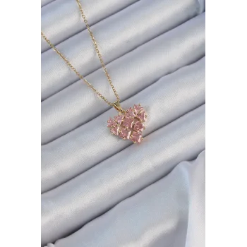 316L Çelik Zincir Altın Renk Pembe Parçalı Zirkon Taşlı Kalp Kolye