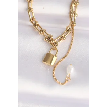 316L Çelik Zincir Altın Renk Zincirli Love Yazılı Kilit Kolye