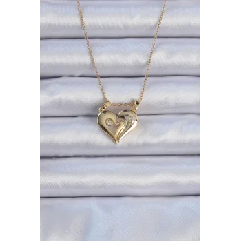 316L Çelik Zincir Altın Renk Zirkon Taşlı Mıknatıslı Kalp Kolye