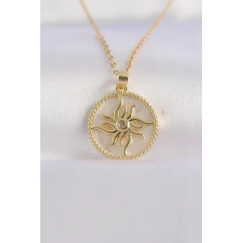 316L Çelik Zincir Altın Renk Zirkon Taşlı Oval Tasarım Güneş Kolye