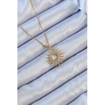 316L Çelik Zincir Altın Renk Zirkon Taşlı Parlayan Güneş Kolye