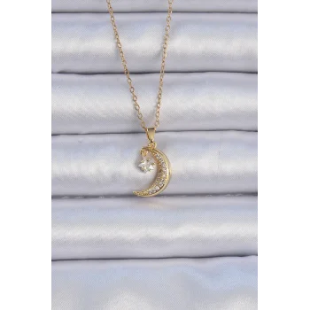 316L Çelik Zincir Altın Renk Zirkon Taşlı Sallantılı Ay Yıldız Kolye