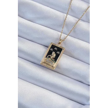 316L Çelik Zincir Altın Renk Zirkon Taşlı Siyah Mineli Kız Figürlü Tarot Kolye