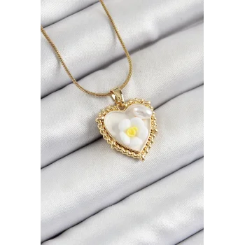 316L Çelik Zincir Beyaz Sanatsal Portre İnci Detaylı Papatya Figürlü Kalp Model Gold Renk Kadın Kolye