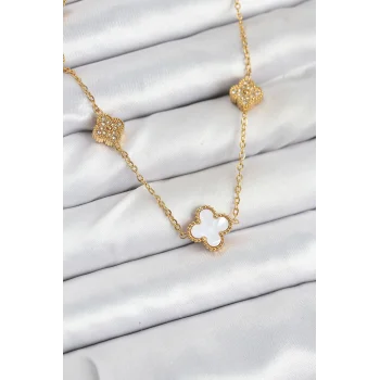 316L Çelik Zincir Gold Renk Beyaz ve Zirkon Taşlı Yonca Kadın Kolye
