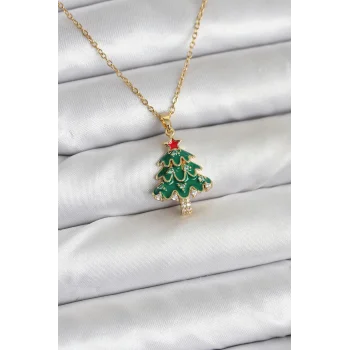316L Çelik Zincir Gold Renk Çam Ağacı Model Yılbaşı Temalı Kadın Kolye