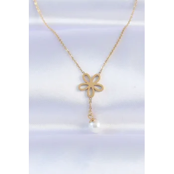 316L Çelik Zincir Gold Renk İnci Detay Çiçek Kolye