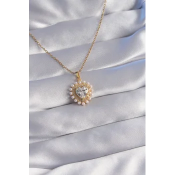 316L Çelik Zincir Gold Renk İncili Zirkon Taşlı Kalp Tasarımlı Kolye