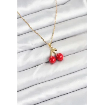 316L Çelik Zincir Gold Renk Kiraz Model Kadın Kolye