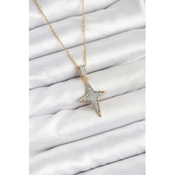 316L Çelik Zincir Gold Renk Kutup Yıldızı Model Zirkon Taşlı Kadın Kolye