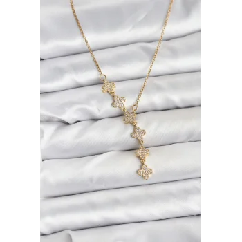316L Çelik Zincir Gold Renk Yonca Model Kadın Kolye