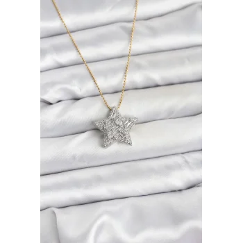 316L Çelik Zincir Gold Renk Zincirli Gümüş Yıldız Model Kadın Kolye