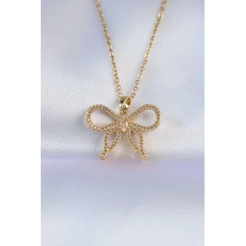 316L Çelik Zincir Gold Renk Zirkon Taşlı Fiyonk Kolye