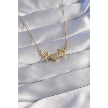 316L Çelik Zincir Gold Renk Zirkon Taşlı Kalp Model Kelebek Detay Kolye