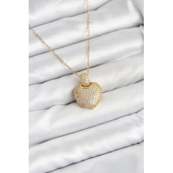 316L Çelik Zincir Gold Renk Zirkon Taşlı Kalpli Kadın Kolye