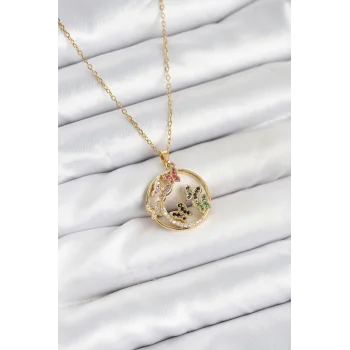 316L Çelik Zincir Gold Renk Zirkon Taşlı Kelebekli Kadın Kolye