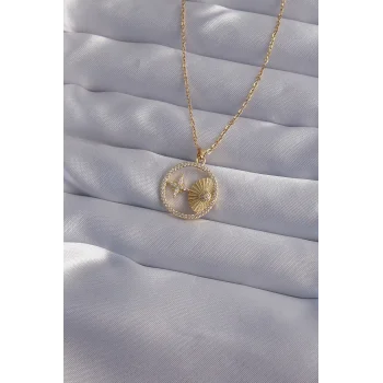 316L Çelik Zincir Gold Renk Zirkon Taşlı Yıldız Figürlü Oval Kolye