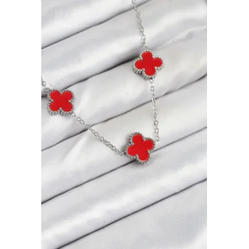 316L Çelik Zincir Gümüş Kırmızı Renk Yonca Kadın Kolye