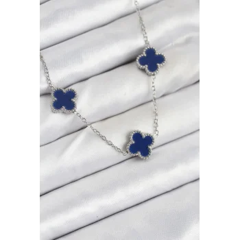 316L Çelik Zincir Gümüş Lacivert Renk Yonca Kadın Kolye
