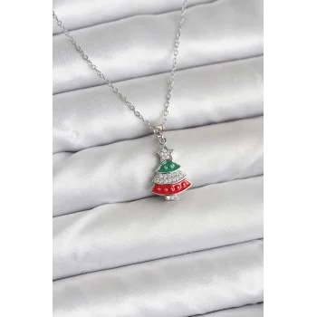 316L Çelik Zincir Gümüş Ren Çam Ağacı Model Zirkon Taşlı Yılbaşı Temalı Kadın Kolye