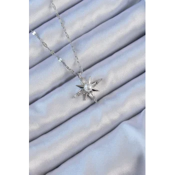 316L Çelik Zincir Gümüş Renk Baget Taşlı İnci Detay Kutup Yıldızı Kolye