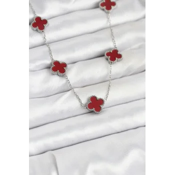 316L Çelik Zincir Gümüş Renk Bordo Renk Yonca Kadın Kolye