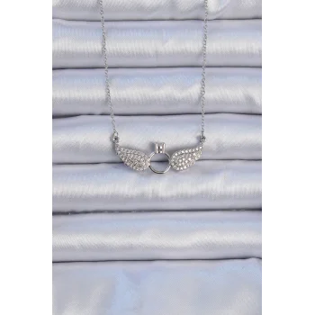 316L Çelik Zincir Gümüş Renk Kanatlı Tektaş Kolye