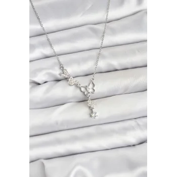 316L Çelik Zincir Gümüş Renk Kelebek Model Kadın Kolye