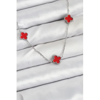 316L Çelik Zincir Gümüş Renk Kırmızı Baby Boy Yonca Kadın Kolye