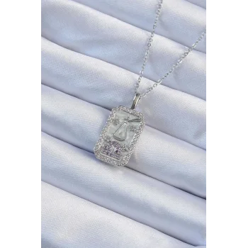 316L Çelik Zincir Gümüş Renk Lila Zirkon Taşlı Tarot Kolye