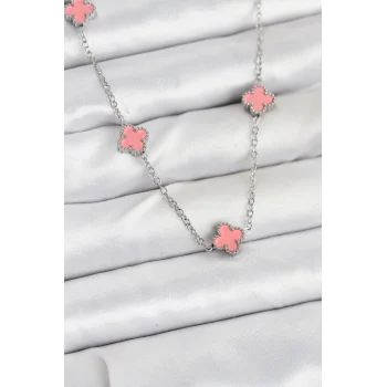 316L Çelik Zincir Gümüş Renk Pembe Baby Boy Yonca Kadın Kolye