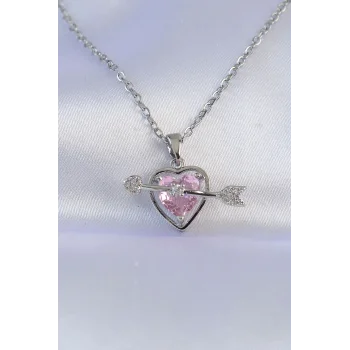 316L Çelik Zincir Gümüş Renk Pembe Zirkon Taşlı Eros Kolye