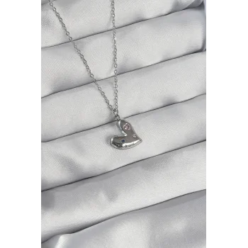 316L Çelik Zincir Gümüş Renk Renkli Zirkon Taşlı Kalp Kolye