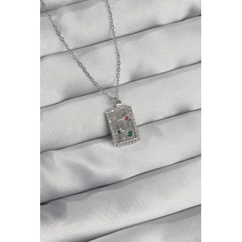 316L Çelik Zincir Gümüş Renk Renkli Zirkon Taşlı Vintage Kolye