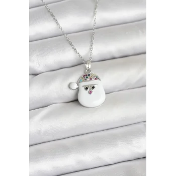 316L Çelik Zincir Gümüş Renk Şapkalı Kardan Adam Kafası Model Yılbaşı Temalı Kadın Kolye