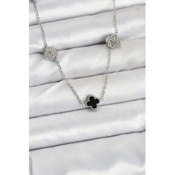 316L Çelik Zincir Gümüş Renk Siyah ve Zirkon Taşlı Baby Boy Yonca Kadın Kolye