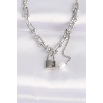316L Çelik Zincir Gümüş Renk Zincirli Love Yazılı Kilit Kolye