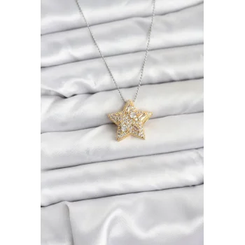 316L Çelik Zincir Gümüş Renk Zincirli Gold Yıldız Model Kadın Kolye
