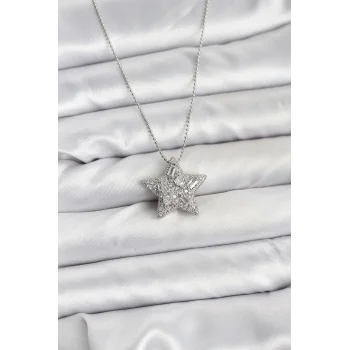 316L Çelik Zincir Gümüş Renk Zincirli Gümüş Yıldız Model Kadın Kolye