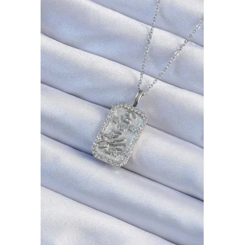 316L Çelik Zincir Gümüş Renk Zirkon Taşlı Çerçeveli Tarot Kolye