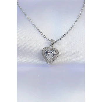 316L Çelik Zincir Gümüş Renk Zirkon Taşlı Charm Kalp Kolye