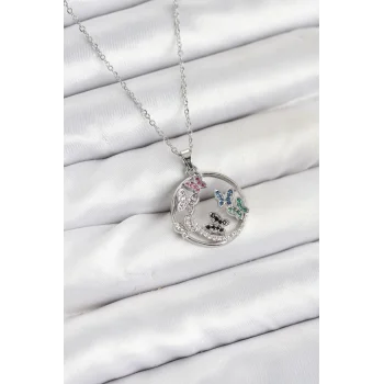 316L Çelik Zincir Gümüş Renk Zirkon Taşlı Kelebekli Kadın Kolye