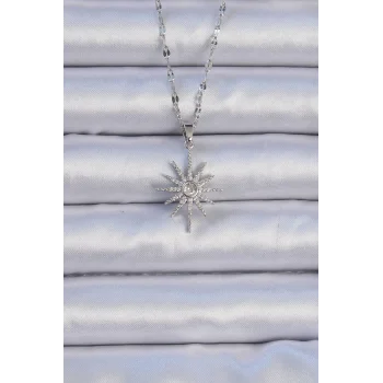 316L Çelik Zincir Gümüş Renk Zirkon Taşlı Kutup Yıldızı Kolye
