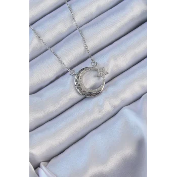 316L Çelik Zincir Gümüş Renk Zirkon Taşlı Motifli Ay Yıldız Kolye